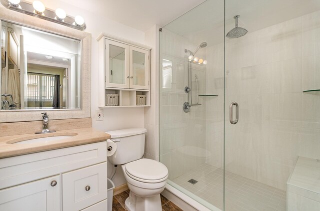 bathroom with vanity, toilet, and a shower with shower door