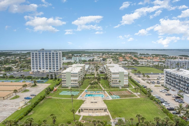 drone / aerial view with a water view