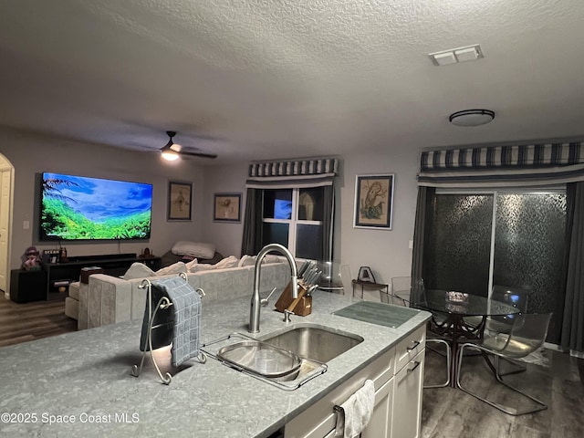 kitchen with white cabinetry, ceiling fan, sink, wood-type flooring, and a textured ceiling