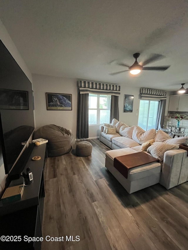 living room featuring ceiling fan, wood-type flooring, and a textured ceiling