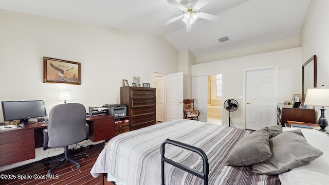 bedroom with connected bathroom, ceiling fan, and lofted ceiling