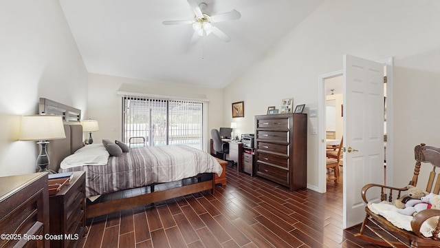 bedroom with access to exterior, high vaulted ceiling, and ceiling fan