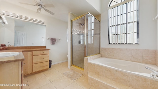 full bathroom with plus walk in shower, vanity, tile patterned floors, and ceiling fan