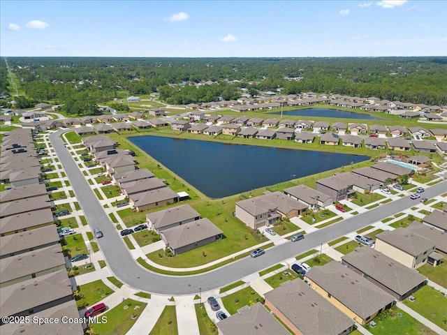 drone / aerial view featuring a water view