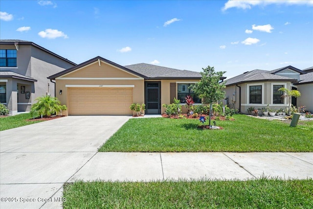 ranch-style home with a front yard and a garage