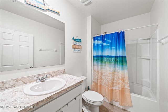 full bathroom featuring shower / bath combo, vanity, a textured ceiling, and toilet