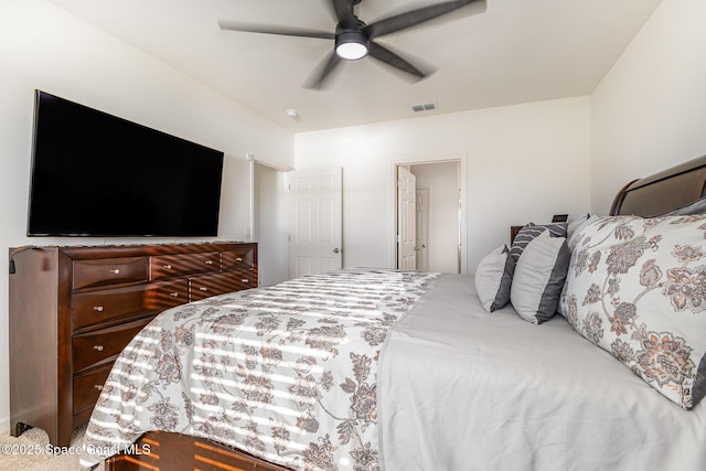 bedroom with ceiling fan and visible vents