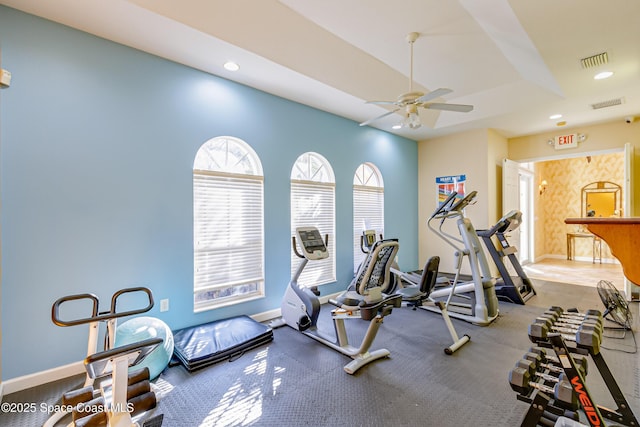 workout area with ceiling fan