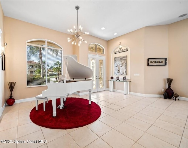 interior space with recessed lighting, french doors, baseboards, and tile patterned floors