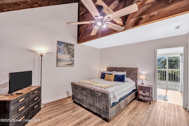 bedroom featuring wooden ceiling, vaulted ceiling with beams, ceiling fan, access to exterior, and light hardwood / wood-style floors