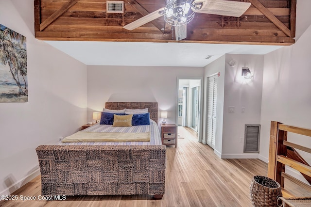 bedroom featuring ceiling fan, light hardwood / wood-style floors, and wooden ceiling