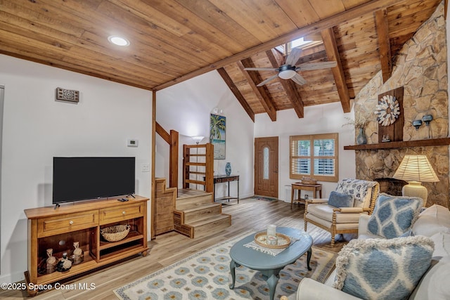 living room with ceiling fan, high vaulted ceiling, wood ceiling, and wood-type flooring