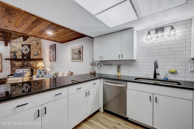 kitchen with stainless steel dishwasher, sink, wooden ceiling, dark stone countertops, and white cabinetry