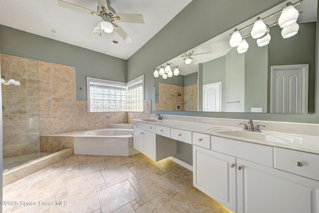 bathroom featuring shower with separate bathtub, vanity, and ceiling fan