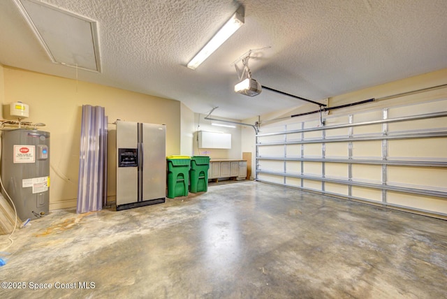 garage with electric water heater, refrigerator with ice dispenser, and a garage door opener