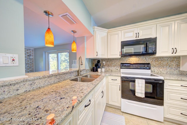 kitchen with sink, hanging light fixtures, light tile patterned floors, white range with electric stovetop, and light stone counters