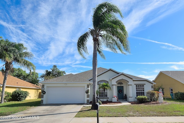 single story home with a front lawn and a garage