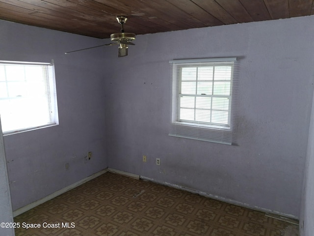 empty room featuring ceiling fan, plenty of natural light, and wooden ceiling