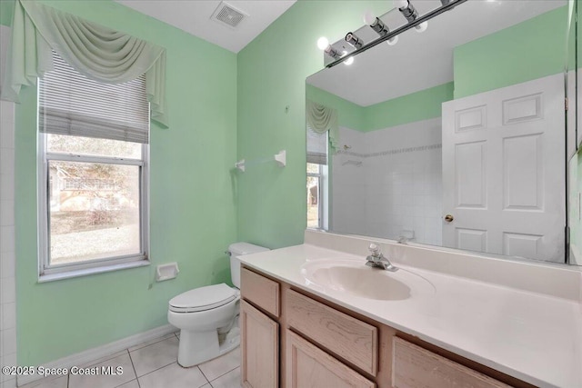 bathroom with tile patterned flooring, vanity, toilet, and walk in shower