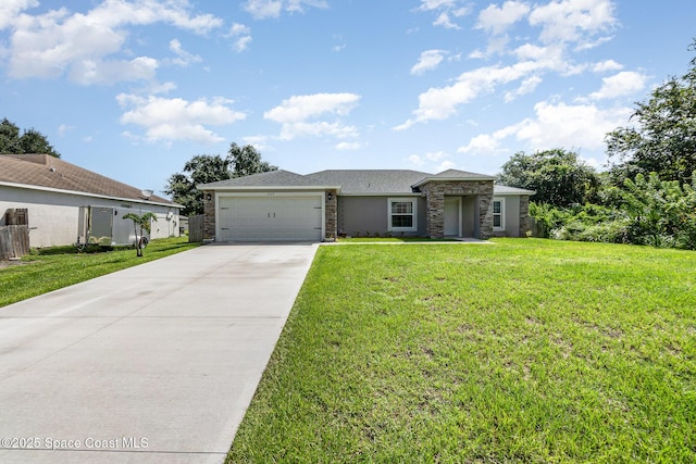 single story home featuring a front yard and a garage