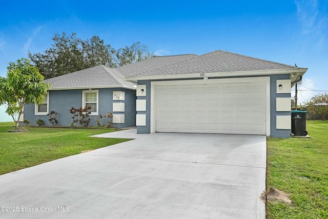 ranch-style house featuring a garage and a front lawn