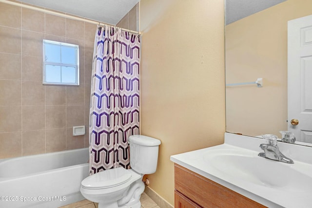 full bathroom featuring a textured ceiling, vanity, toilet, and shower / bathtub combination with curtain