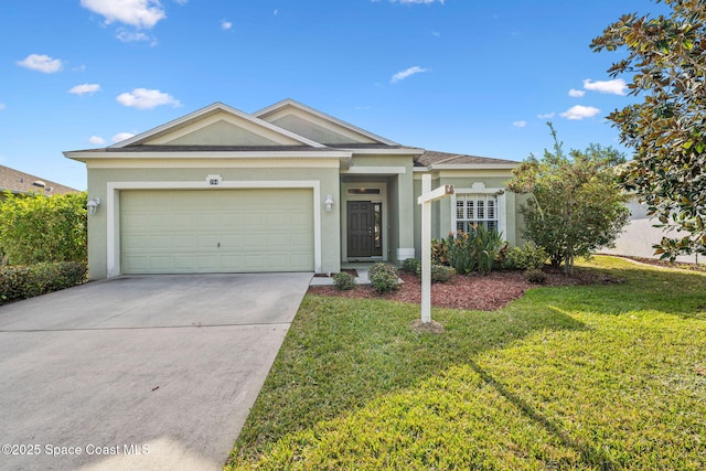 ranch-style home with a front lawn and a garage