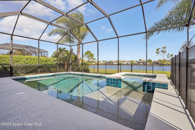 view of swimming pool featuring a lanai, an in ground hot tub, and a water view