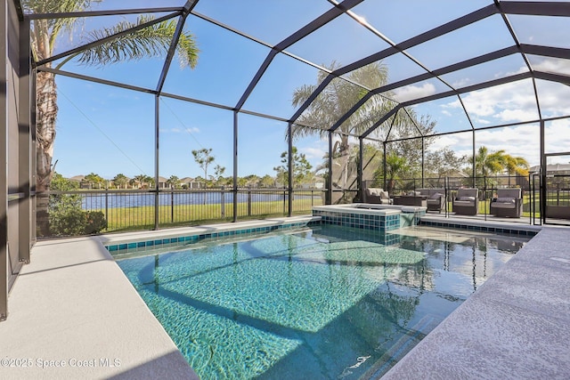 view of swimming pool with glass enclosure, a water view, and a patio