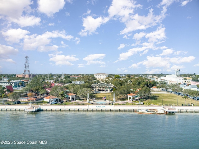 drone / aerial view with a water view