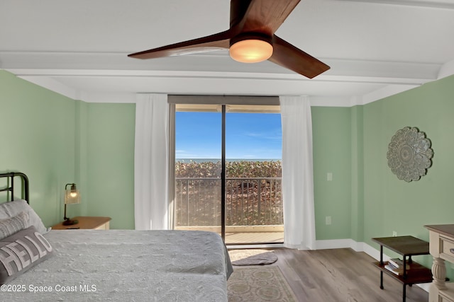 bedroom with access to outside, ceiling fan, and light wood-type flooring