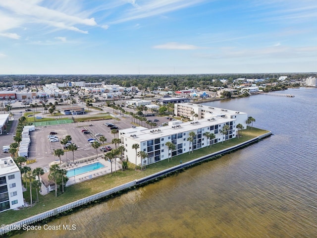 drone / aerial view featuring a water view