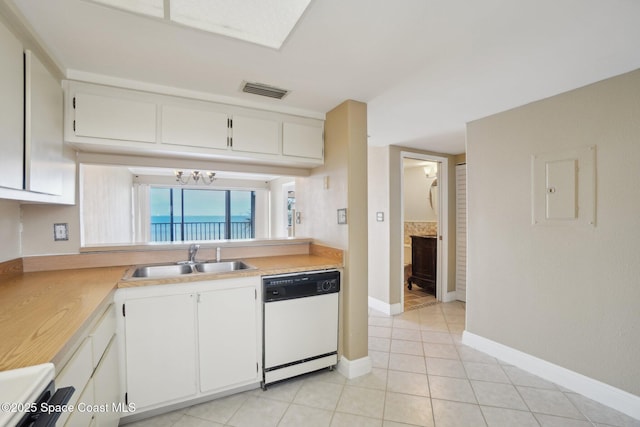 kitchen with white cabinetry, dishwasher, an inviting chandelier, and sink