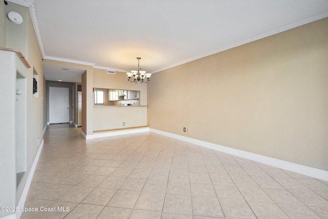 unfurnished room with light tile patterned floors, ornamental molding, and an inviting chandelier