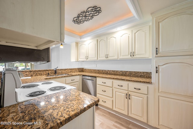 kitchen with light wood-type flooring, stove, dark stone countertops, stainless steel dishwasher, and sink