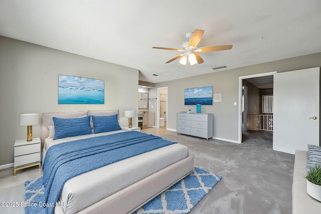 bedroom featuring ceiling fan and carpet