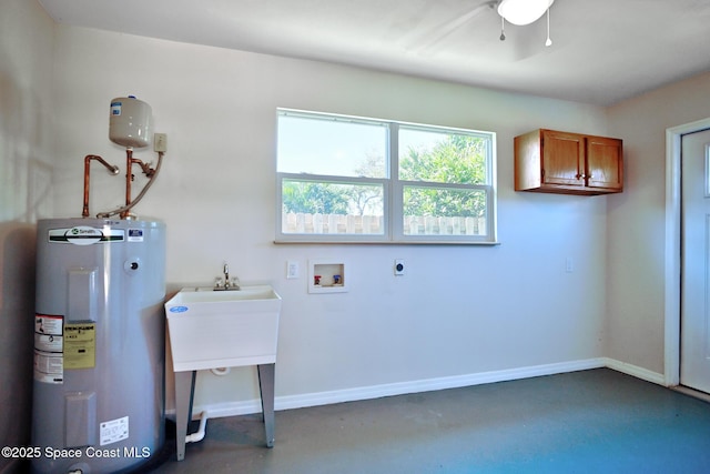 laundry room with electric dryer hookup, water heater, hookup for a washing machine, and cabinets