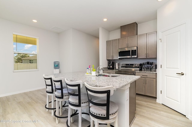 kitchen featuring a kitchen island with sink, sink, light wood-type flooring, and appliances with stainless steel finishes