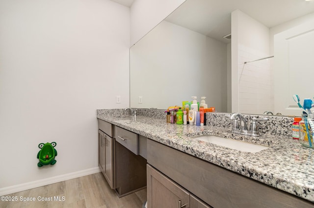 bathroom featuring hardwood / wood-style flooring, vanity, and walk in shower