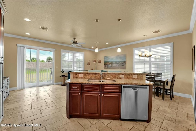 kitchen with light stone countertops, pendant lighting, dishwasher, sink, and a center island with sink