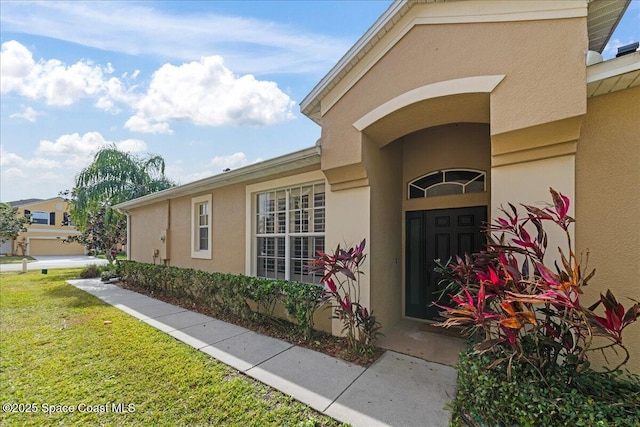 view of exterior entry featuring a yard