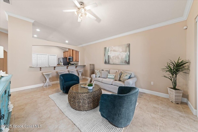 living room featuring ornamental molding and ceiling fan