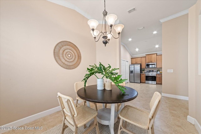 tiled dining space with lofted ceiling, a chandelier, and crown molding