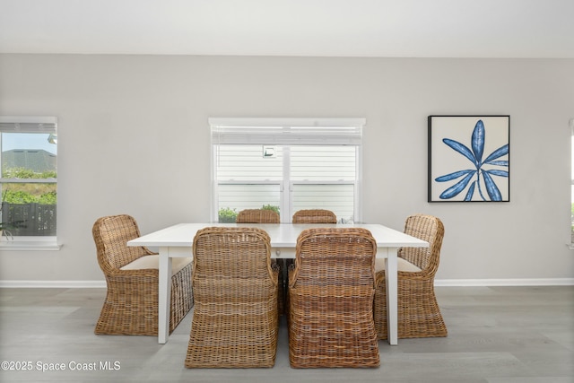 dining space featuring wood-type flooring and a healthy amount of sunlight