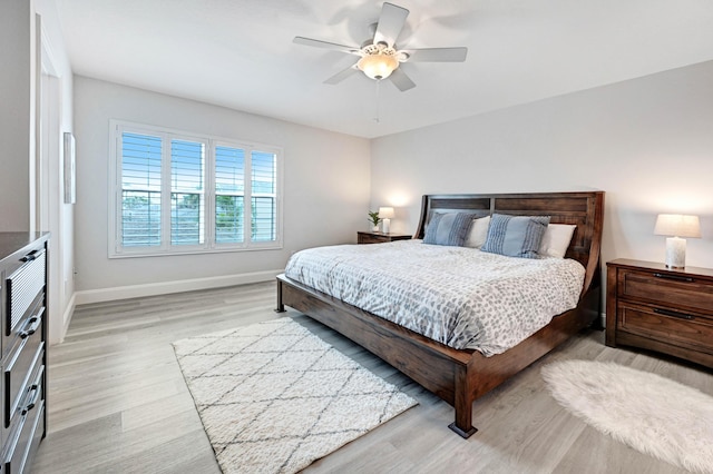 bedroom with ceiling fan and light wood-type flooring