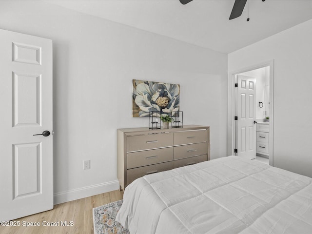 bedroom with ceiling fan and light hardwood / wood-style flooring