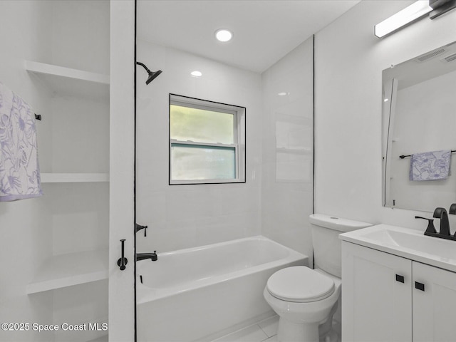 full bathroom featuring vanity, shower / bathtub combination, and toilet