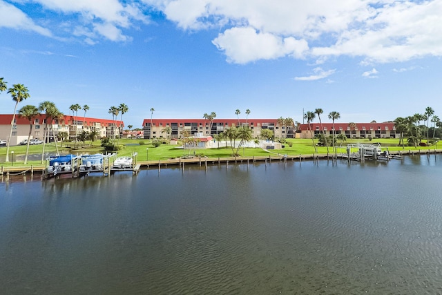 water view featuring a dock