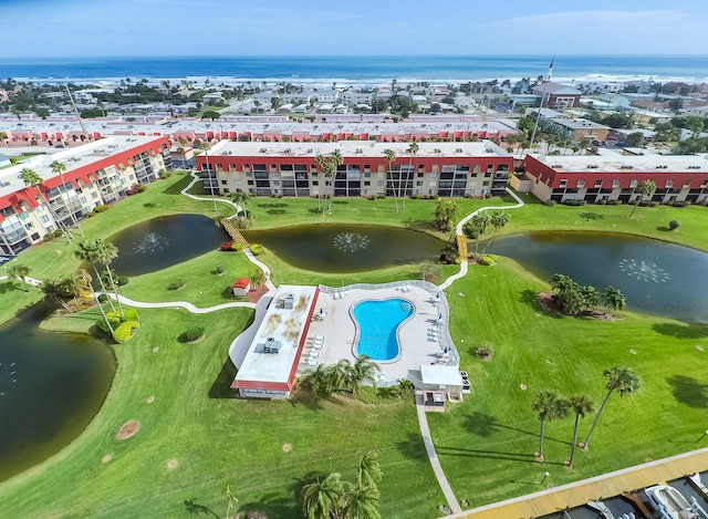 drone / aerial view featuring a water view