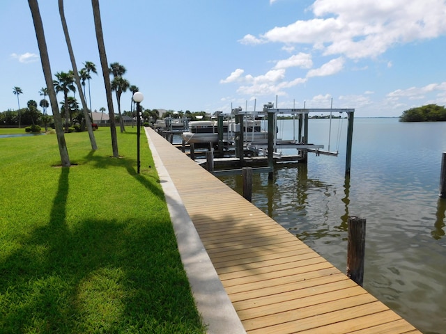 dock area featuring a yard and a water view